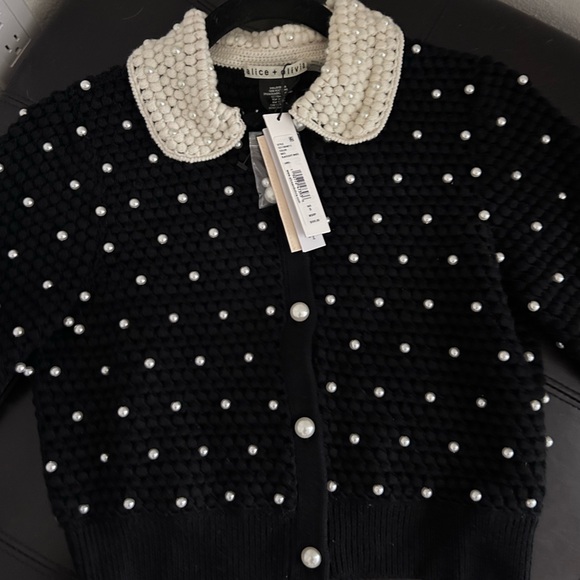 Alice + Olivia Collins Pearl Embellishment Crochet Collar Cardigan Sweater S - Picture 14 of 16